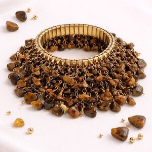 Vtg Tigers Eye Chip Semi Precious Gemstone Gold Tone Expansion Beaded Bracelet